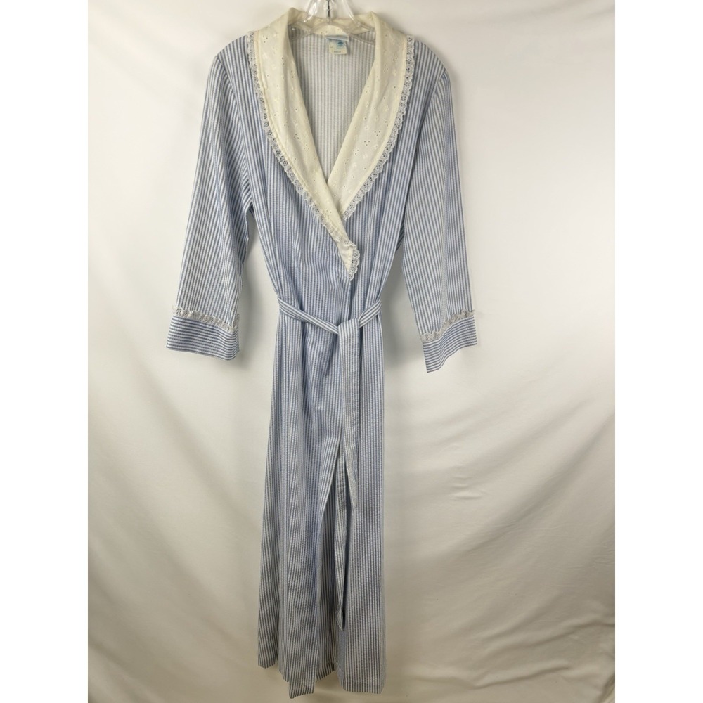 VTG Appel Robe Sz M Seersucker Belted Lace Details Granny Cottage Housecoat Cozy